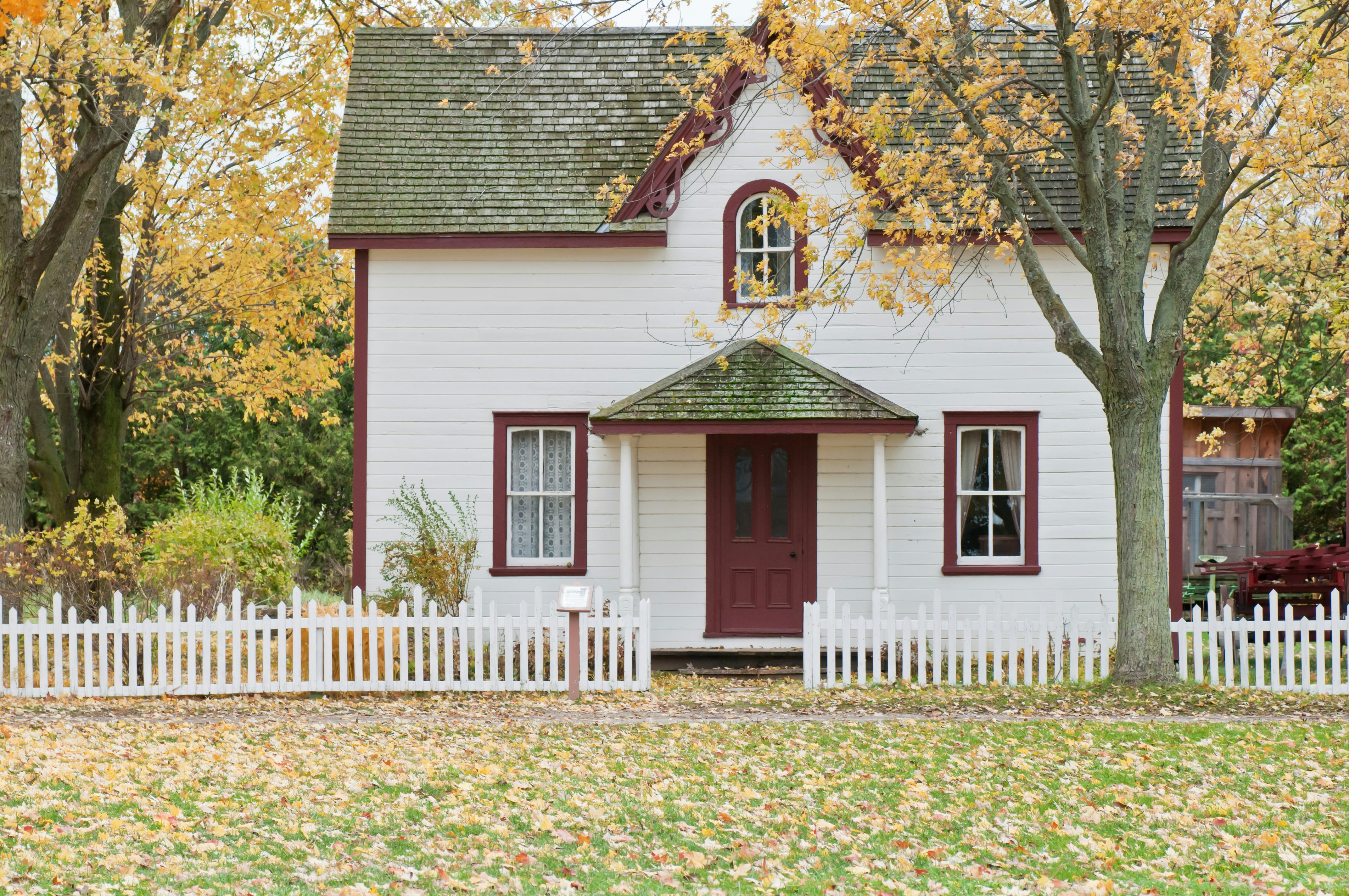 White house with red shutters in autumn with golden foliage