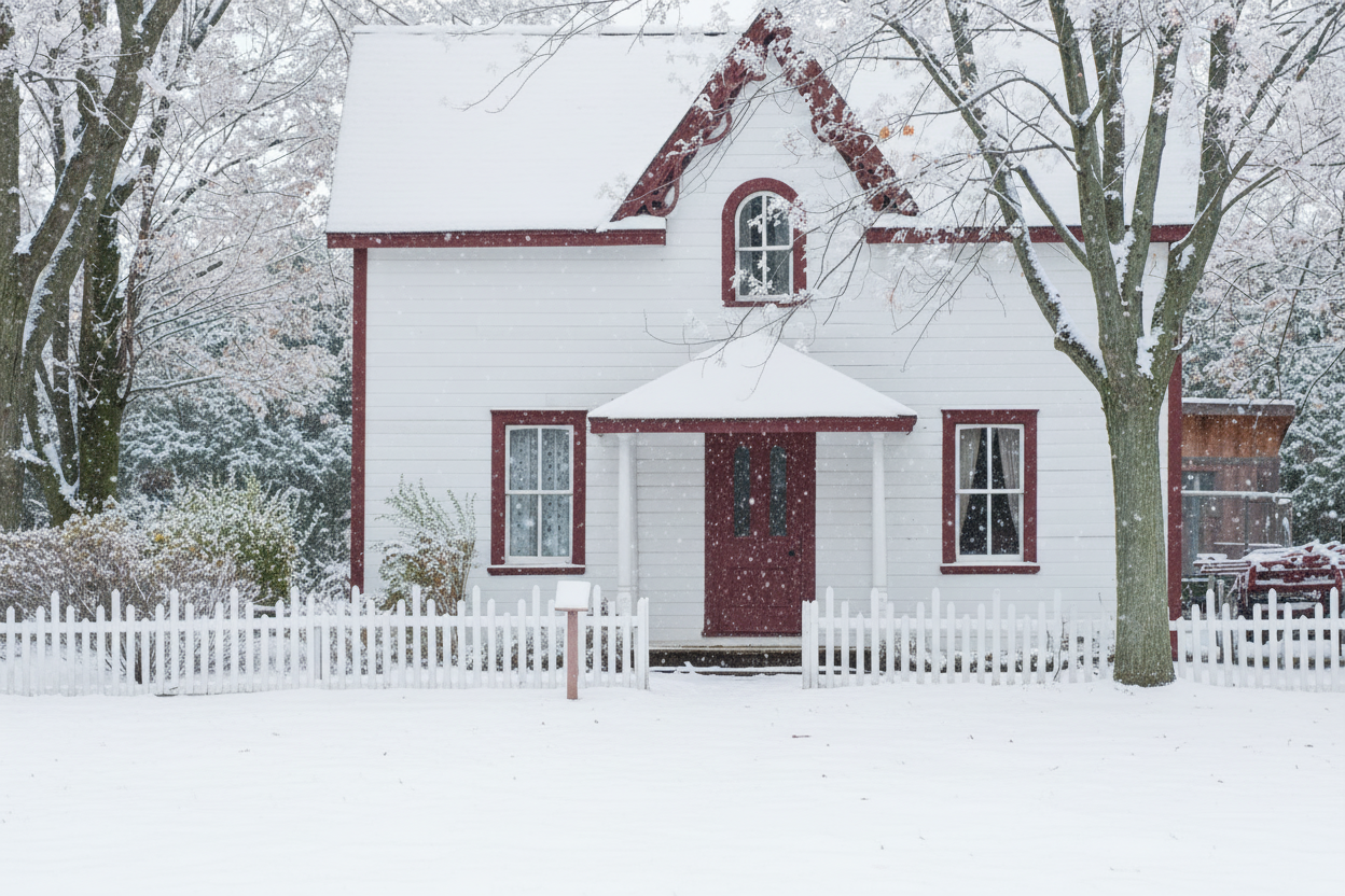 Same white house with red shutters covered in snow during winter